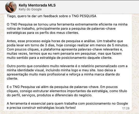 Depoimento no WhatsApp: um trabalho que levava três dias hoje sai em menos de cinco minutos, e o relatório sai com a identidade visual da própria agência.