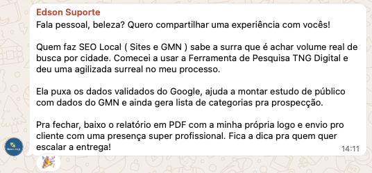 Depoimento no WhatsApp: quem faz SEO local sabe a dificuldade de achar volume real de busca por cidade; o relatório sai em PDF com a própria logo.