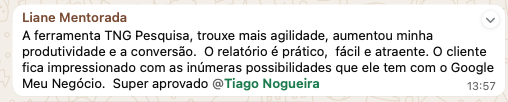 Depoimento no WhatsApp: mais agilidade, mais produtividade e mais conversão; o cliente se impressiona com as possibilidades do Google Meu Negócio.